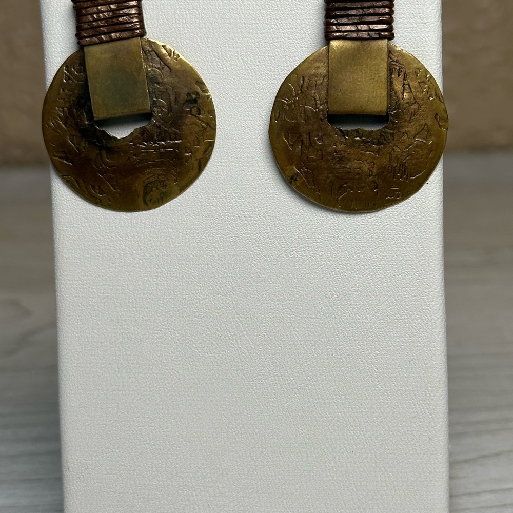 Brass Tone Round Stud Earrings Copper Wire Wrap Polished Boho Artisan